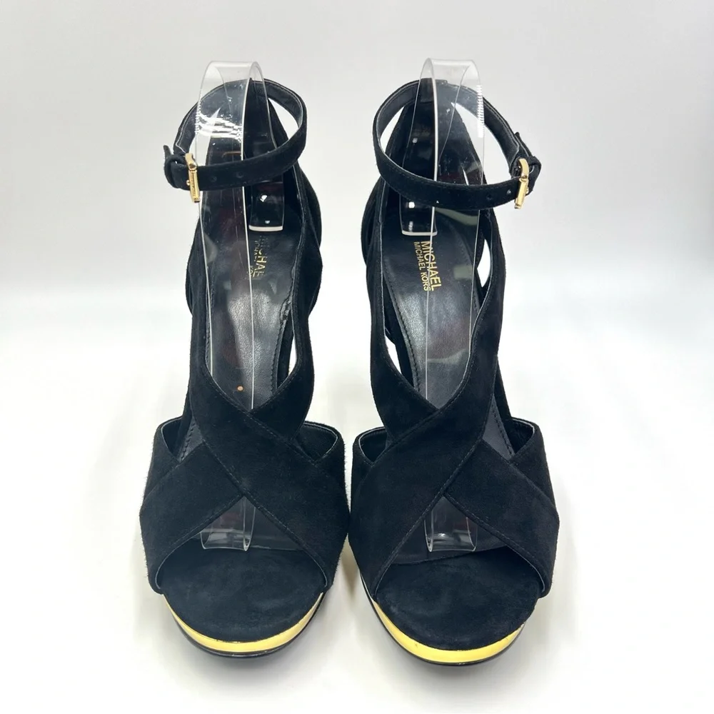 MK‎ Michael Kors Womens Size 9.5 Black Suede Gold Stiletto Platform Heels Shoes